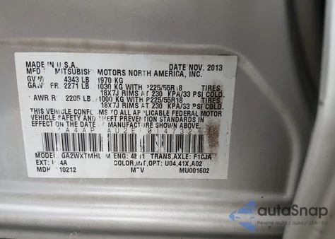 2014 Mitsubishi Outlander Sport Es from USA, damaged, VIN 4A4AP3AU2EE014732